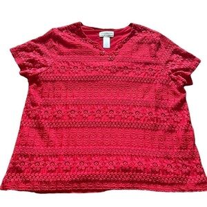 Alfred Dunner Woman watermelon color top with lace overlay and beaded neckline